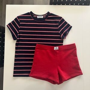 Parke Navy Stripe Cotton T-Shirt & Firecracker Red Mini Sweatshorts Set NWT
